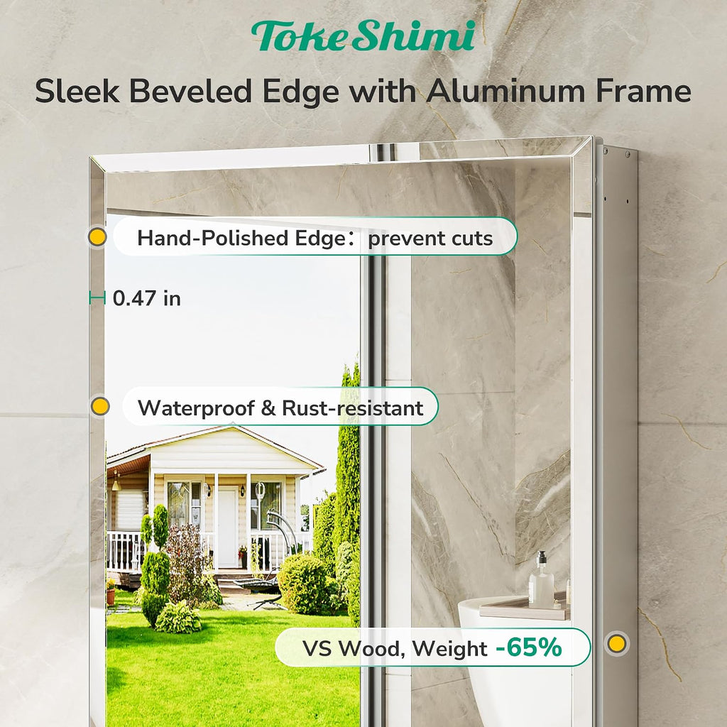 TokeShimi 12 x 36 Medicine Cabinet with Tempered Beveled Mirror, Assembly Required, Silver Medicine Cabinet for Bathroom, Stepless Adjustable Shelves, DTC Hinge, Recessed/Surface-Mounted