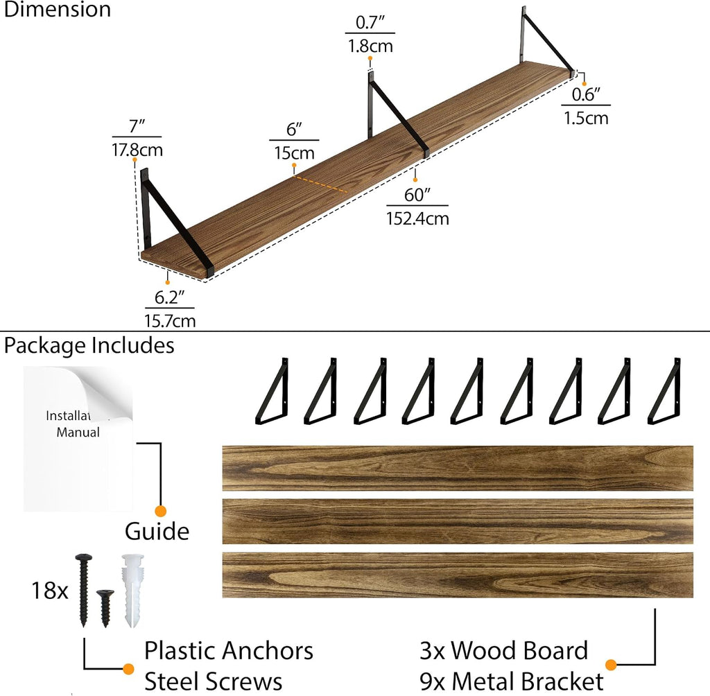 Wallniture Bora 60' x 6' Rustic Floating Shelves for Wall, Shelves for Bedroom, Office & Kitchen Storage Shelf, Wall Bookshelf, Set of 3, Burnt, Wood
