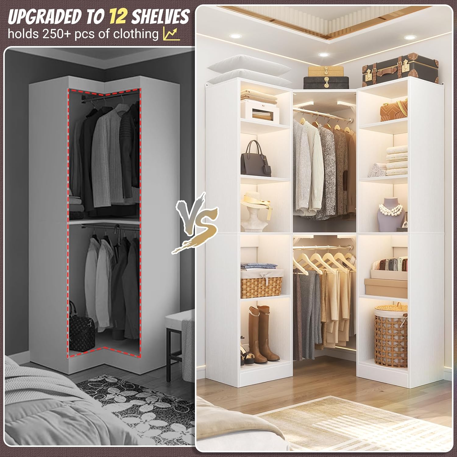 Besiost Corner Closet System with 12 Shelves, 39.2' Corner Closet Organizer System with 2 Hanging Rods, Versatile 6-Tier Walk-in Closets for Corner Space, White (39.2' L x 39.2' W x 80' H)