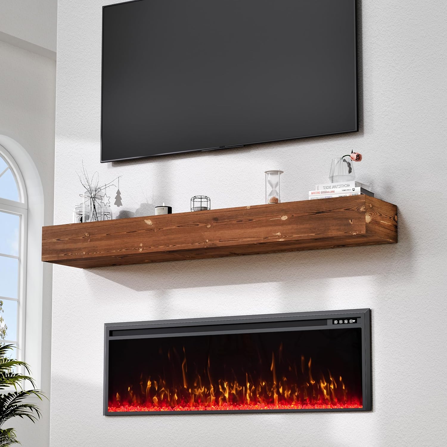 60 Inch Fireplace Mantel Shelf - 8' Deep Solid Wood Floating Mantel for Over Fireplace - 90LBS with Invisible Bracket - Handcrafted TV Decor for Livingroom & Bedroom - Rustic Brown