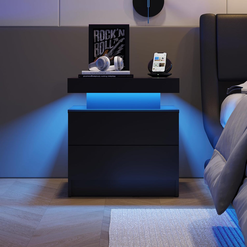 Black Nightstands Set of 2 LED Night Stand Set 2 Modern Bedside Table with 2 Drawers Side Table with LED Lights for Bedroom,Living Room