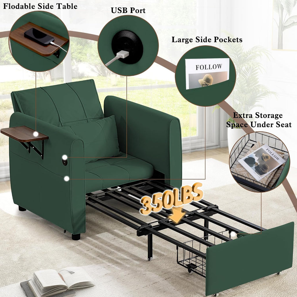 Suvivityse 90' Convertible Sleeper Chair Bed, 4 in 1 Pull Out Single Sofa Bed, Adjustable Backrest Recliner with USB Port, Storage Basket, Folding Side Table, for Living Room Apartment Small Place