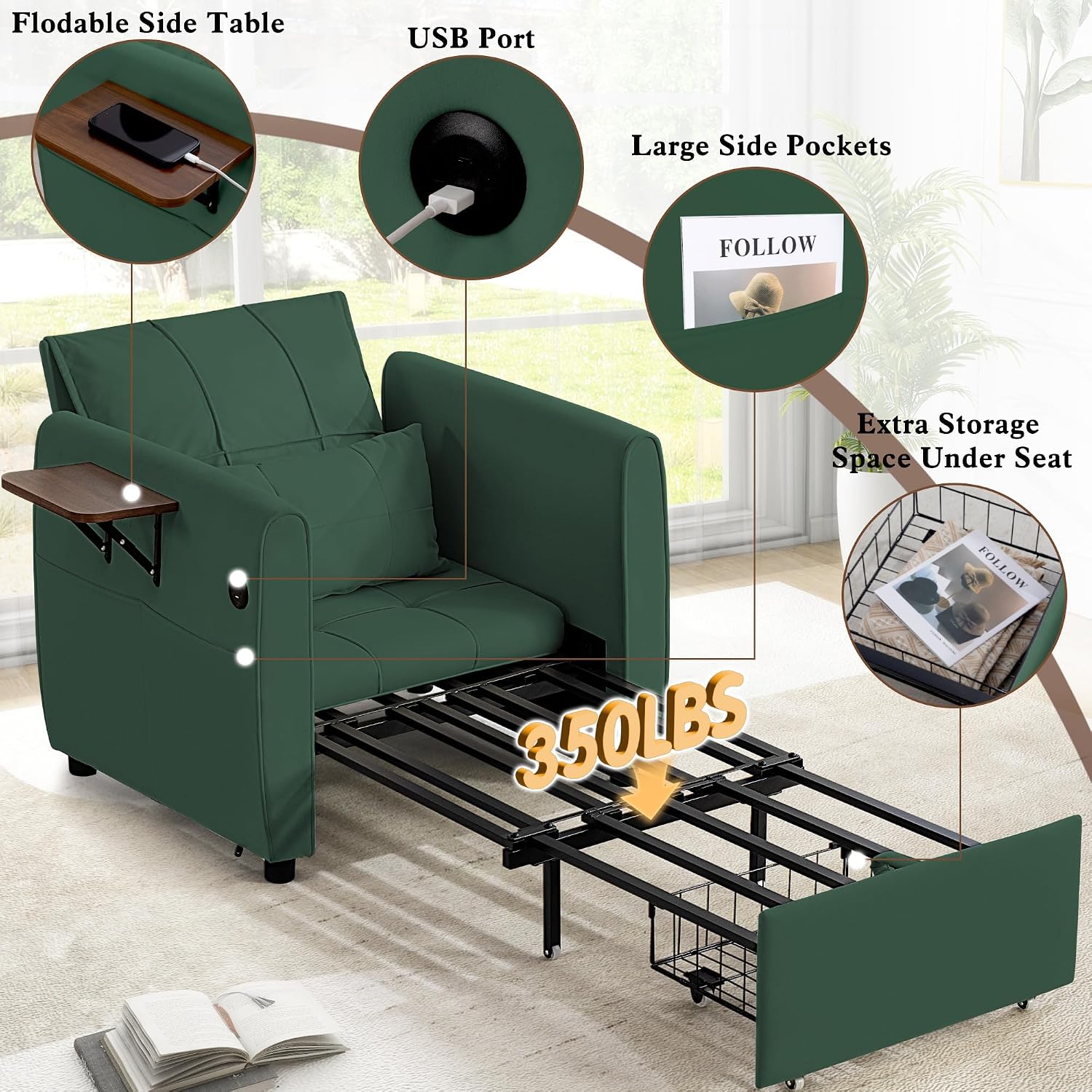 Suvivityse 90' Convertible Sleeper Chair Bed, 4 in 1 Pull Out Single Sofa Bed, Adjustable Backrest Recliner with USB Port, Storage Basket, Folding Side Table, for Living Room Apartment Small Place