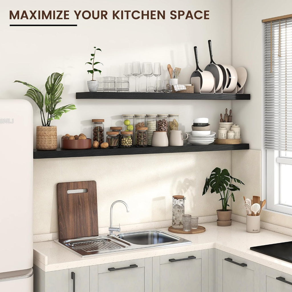 Venusmiles Floating Shelves for Wall, Engineered Wood Wall Shelves with Invisible Brackets for Living Room Bedroom Bathroom Office Kitchen Decor and Storage (Black, 72' W x 9' D x 1.5' H) Set of 1