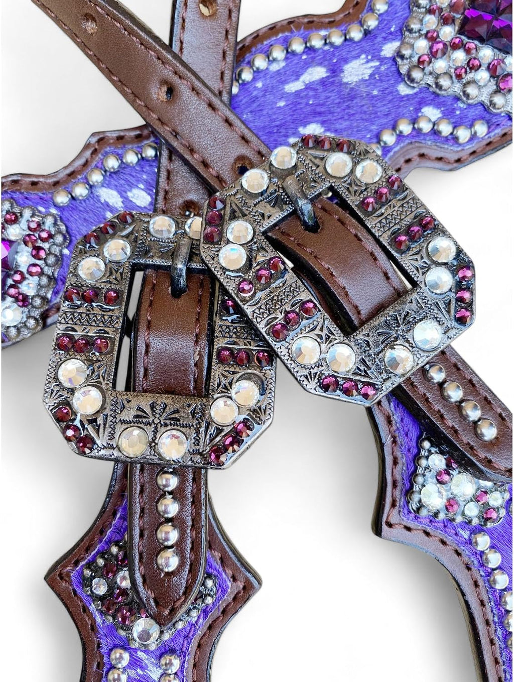 Western Leather Headstall & Breast Collar Set for Horses - Valentine's Day Silver Metallic Cowhide with Rhinestones