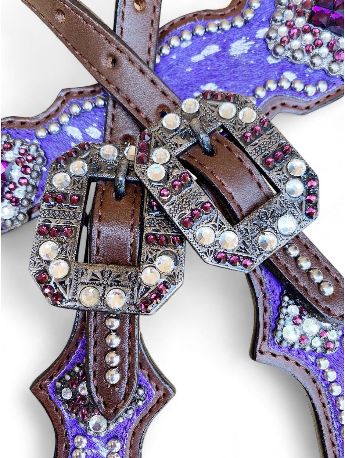 Western Leather Headstall & Breast Collar Set for Horses - Valentine's Day Silver Metallic Cowhide with Rhinestones