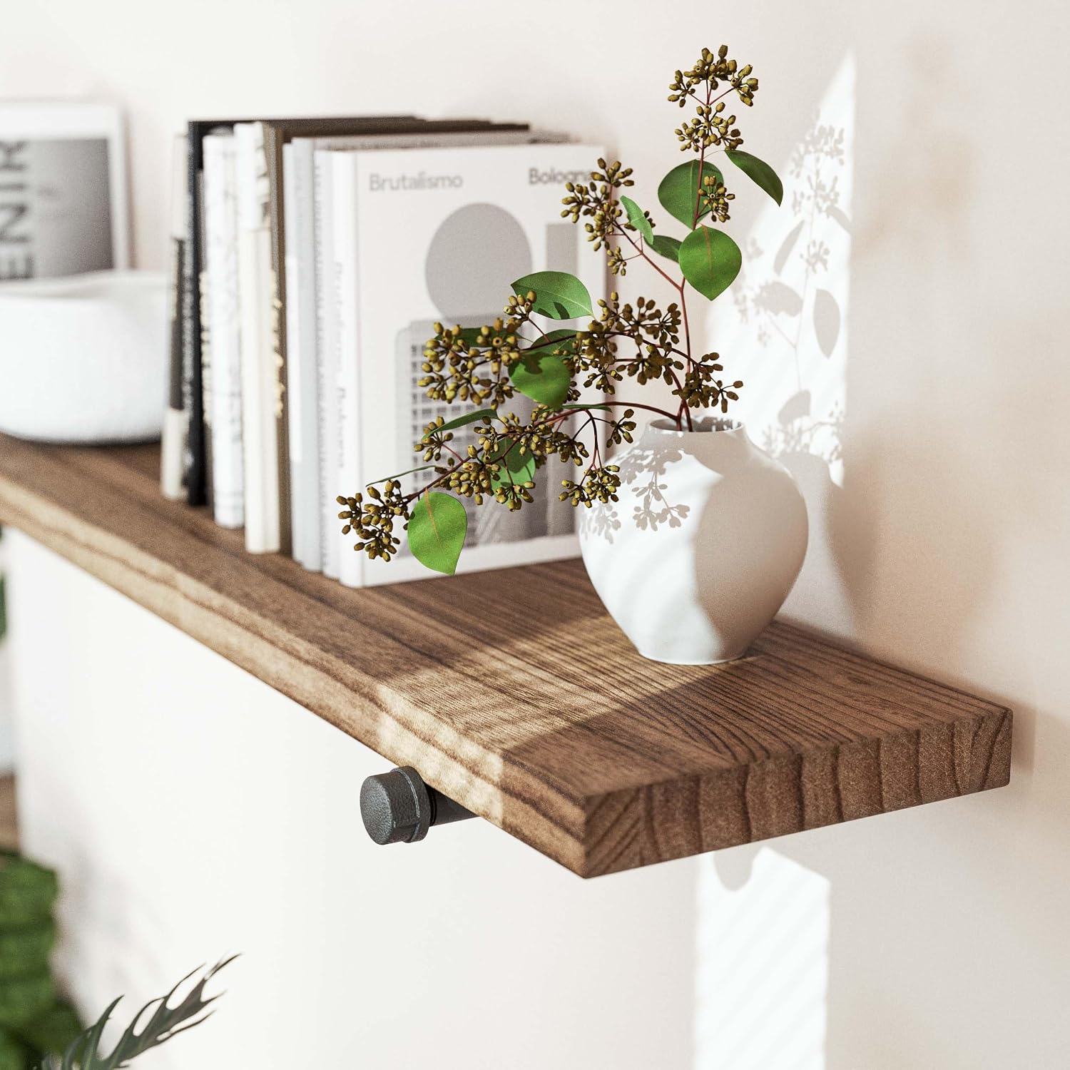 Wallniture Burnt Finish Pipe Wall Shelf - 9.25'' Deep, 1.5'' Thick Solid Wood, Lengths: 48', 60', 72', 84' - Includes Pipe Brackets (60'')