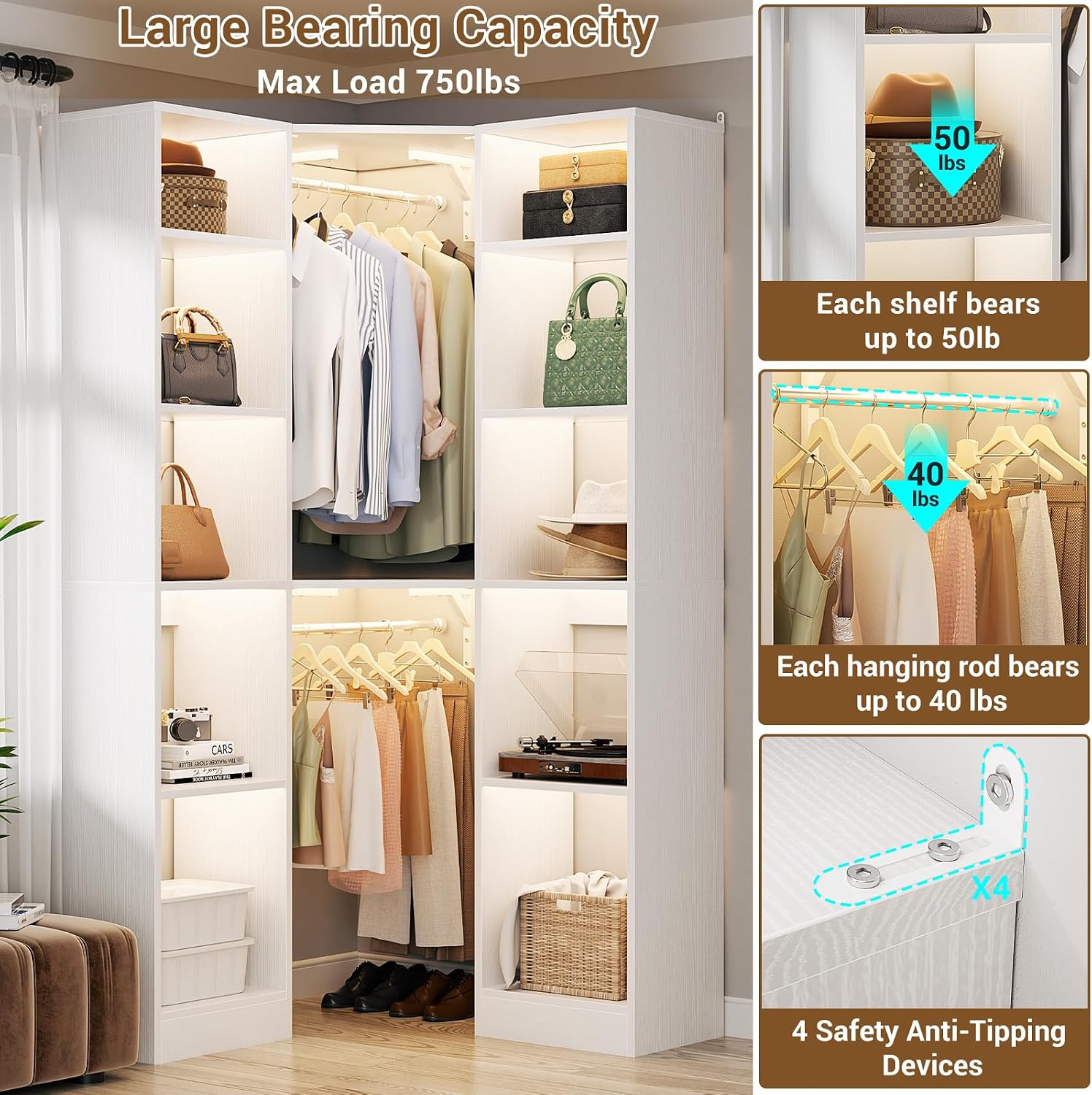 Besiost Corner Closet System with 12 Shelves, 39.2' Corner Closet Organizer System with 2 Hanging Rods, Versatile 6-Tier Walk-in Closets for Corner Space, White (39.2' L x 39.2' W x 80' H)