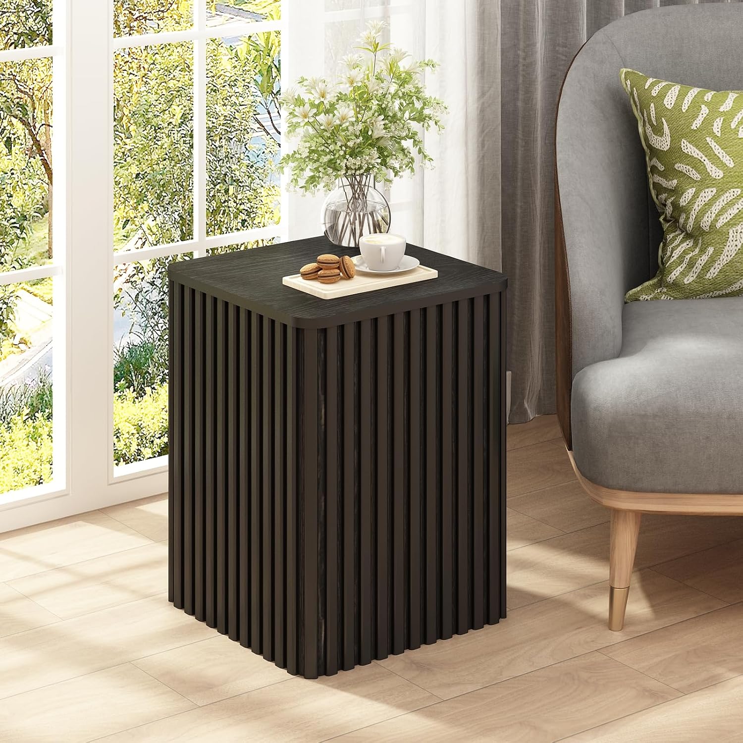 Set of 2 Fluted Side Table with Storage Small Square End Table with Solid Wood Veneer Top Accent Table Modern Farmhouse Pedestal Drink Table for Couch Sofa Living Room,Black