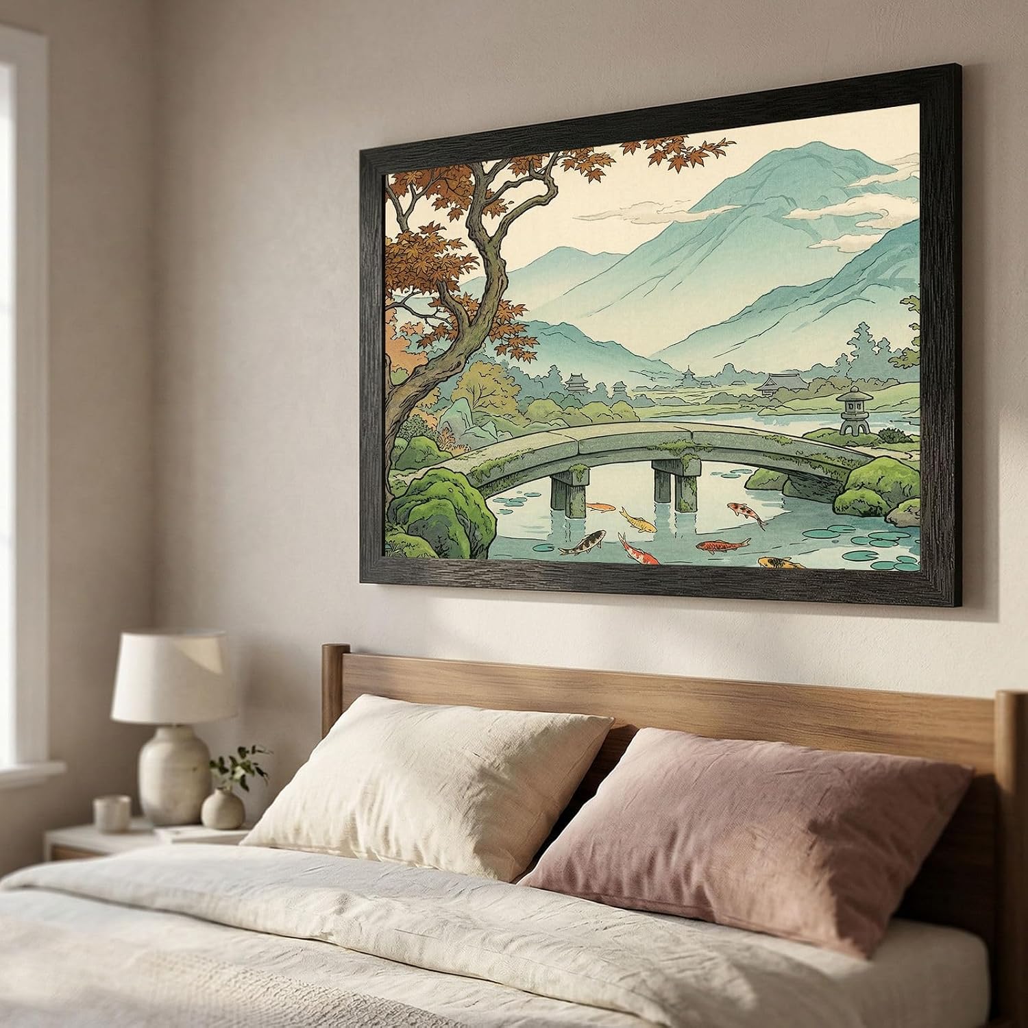 Framed Wall Art - Black Frame Serene Japanese Garden Style Print - Peaceful Stone Bridge and Koi Pond Landscape - Ready to Hang Modern Home Decor - 24x36 Inch
