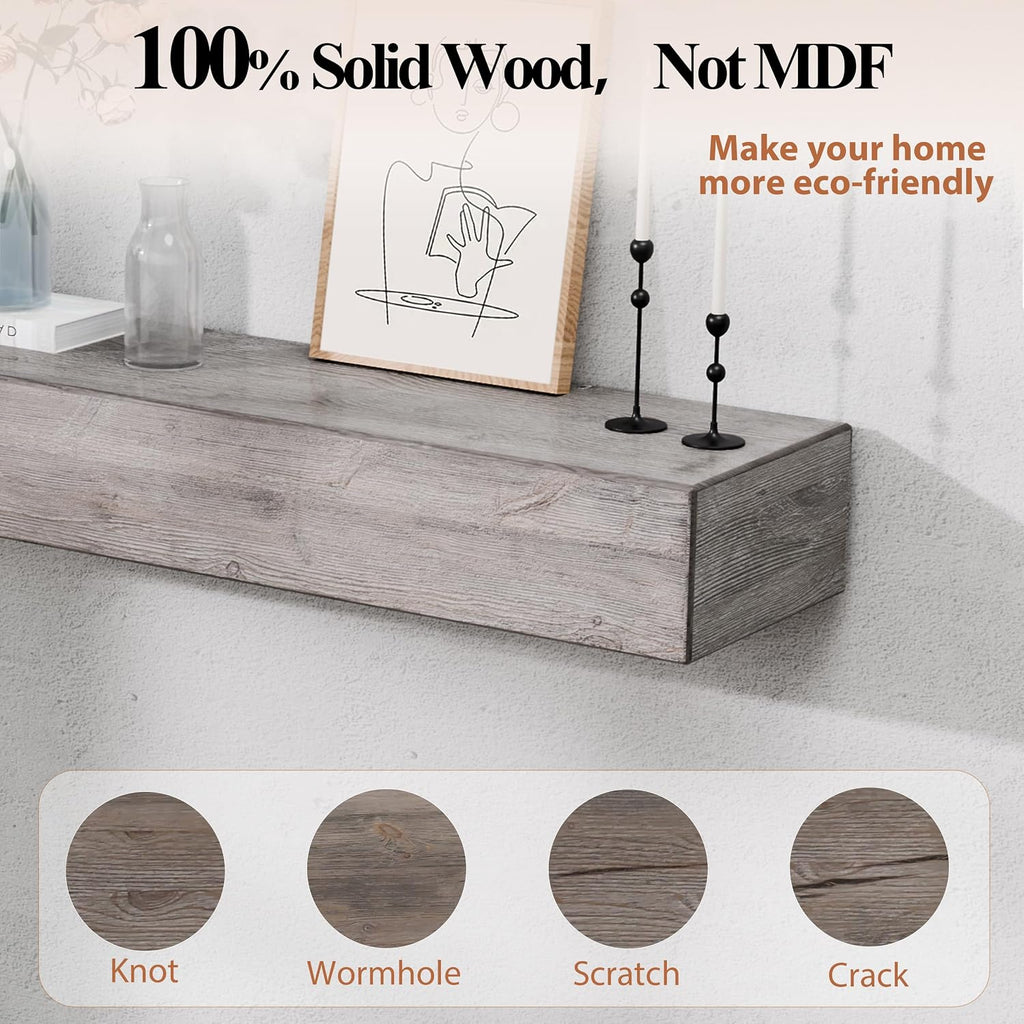 60 Inch Fireplace Mantel Shelf - 8' Deep Solid Wood Floating Mantel for Over Fireplace - 90LBS with Invisible Bracket - Handcrafted TV Decor for Livingroom & Bedroom - Charred Rustic Gray