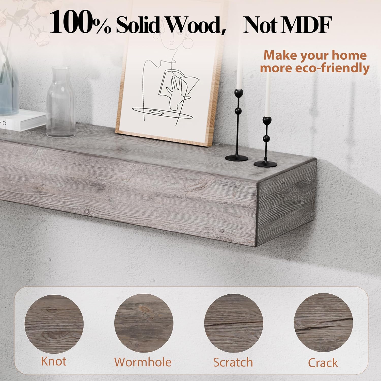 60 Inch Fireplace Mantel Shelf - 8' Deep Solid Wood Floating Mantel for Over Fireplace - 90LBS with Invisible Bracket - Handcrafted TV Decor for Livingroom & Bedroom - Charred Rustic Gray