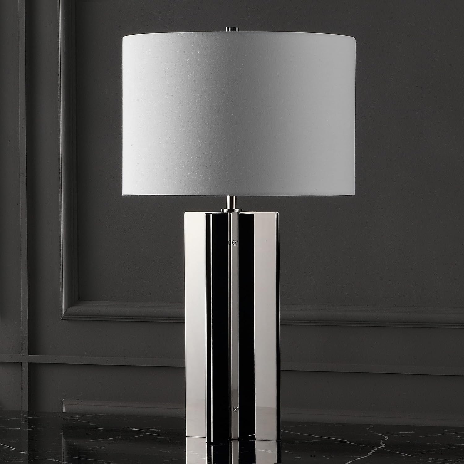 SAFAVIEH Couture Lighting Collection Rollins Square Metal Gold/White 27-inch Bedroom Living Room Home Office Desk Nightstand Table Lamp (LED Bulb Included)