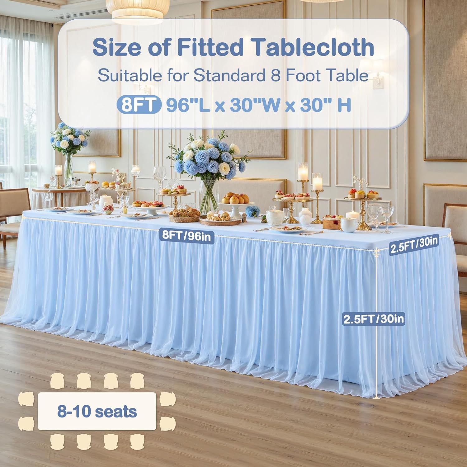 4 Pack Baby Blue Tulle Tablecloth Skirt for 8 Foot Rectangle Tables Baby Shower Tablecloths Blue Ruffle Tutu Table Skirt Stretch Fitted Table Covers for Wedding Birthday Party Banquet Reception