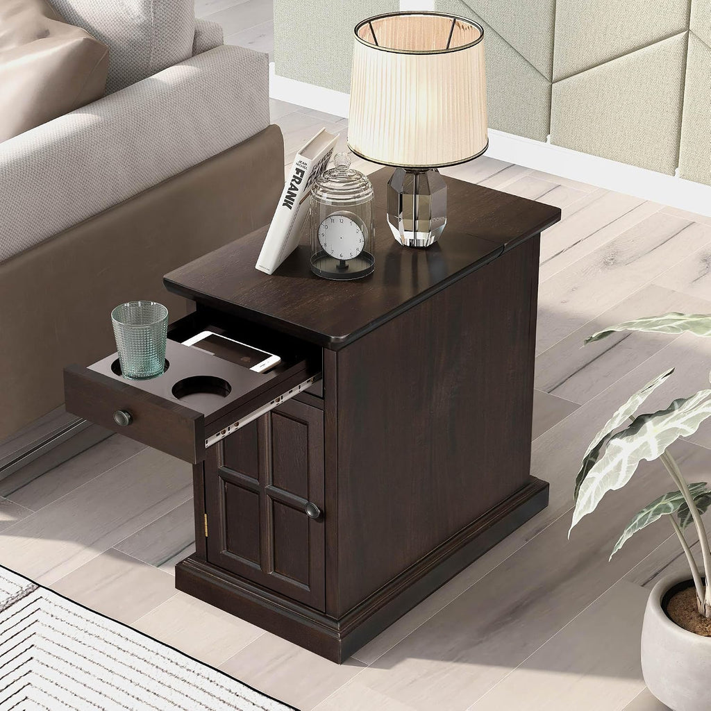 Multifunctional Classic Vintage End Table with USB Ports and 1 Drawer with Cup Holders, Sofa Side Narrow Table, Bedside Nightstand for Living Room Bedroom (Antique Espresso)