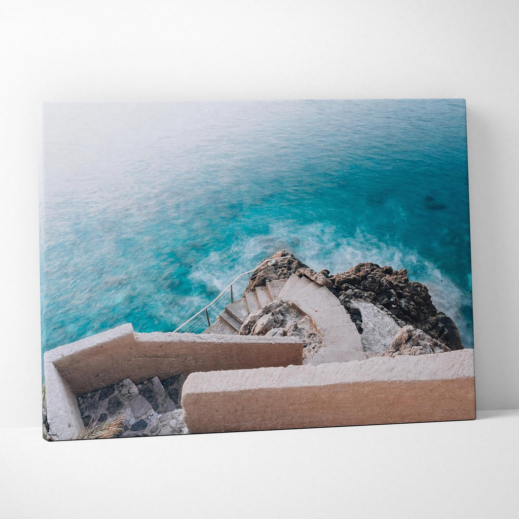 Throttle Designs. Elegant Coastal Architecture Canvas Wall Art Turquoise Calm Staircase Over Ocean Rocks-24? x 16? (Horizontal) / 1.5' - Bedroom, Living Room, Office Decor - Ready to Hang