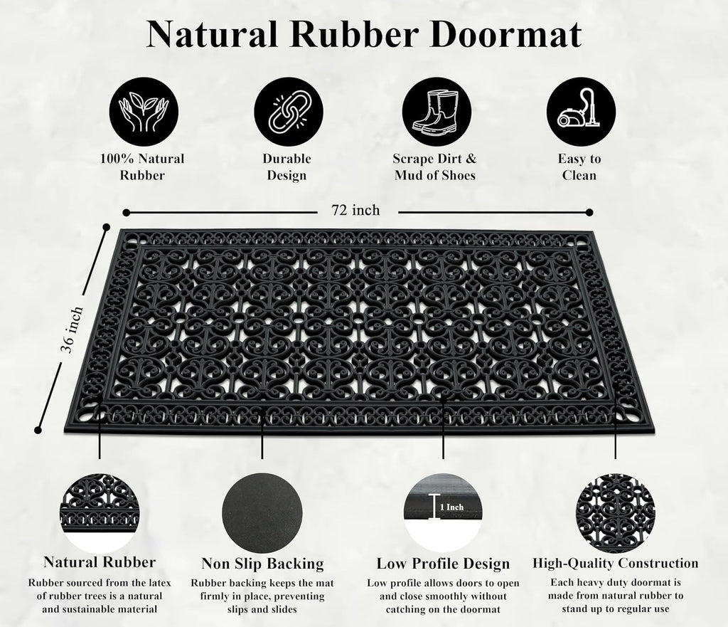 A1 Home Collections 34-LB Heavy Duty Rubber Doormat 36'×72' - Won't Blow Away | Outside Front Door Mat, Mud Dirt Scraper, Non-Slip Drainage Mat for Entryway Patio Garage, All-Weather, 100% Rubber Mats