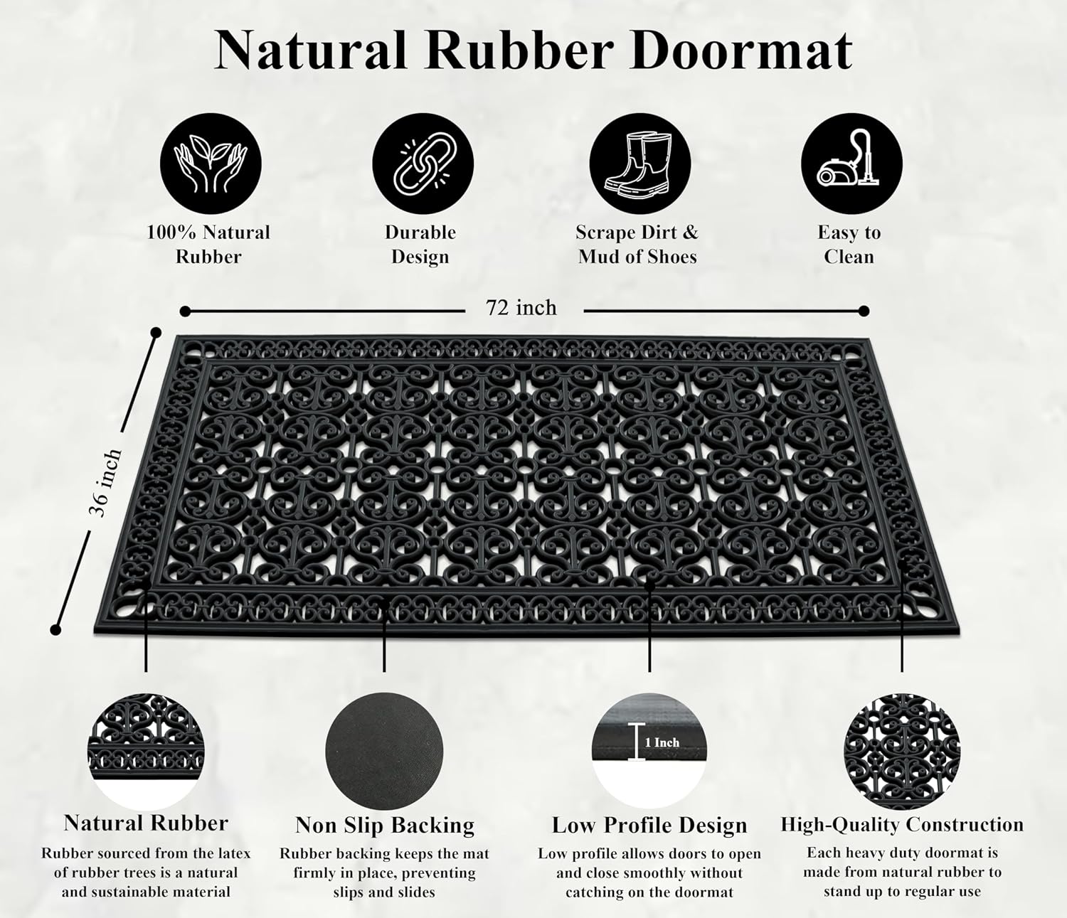 A1 Home Collections 34-LB Heavy Duty Rubber Doormat 36'×72' - Won't Blow Away | Outside Front Door Mat, Mud Dirt Scraper, Non-Slip Drainage Mat for Entryway Patio Garage, All-Weather, 100% Rubber Mats