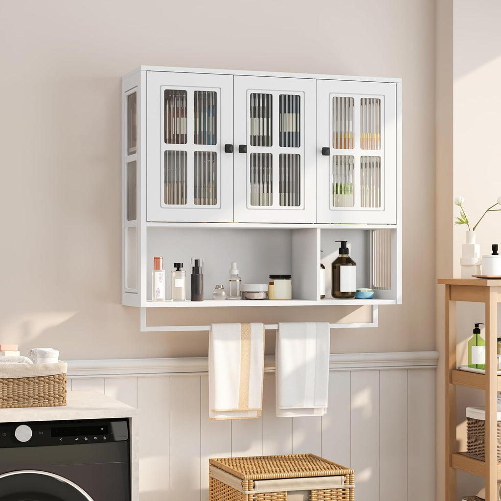 Polibi Wall Cabinet with Fluted Glass, Modern Wall-Mounted Storage with Towel Bar, Removable Shelves, Minimalist Design for Entryway Living Room Bathroom Dining Room, Easy Assembly, White