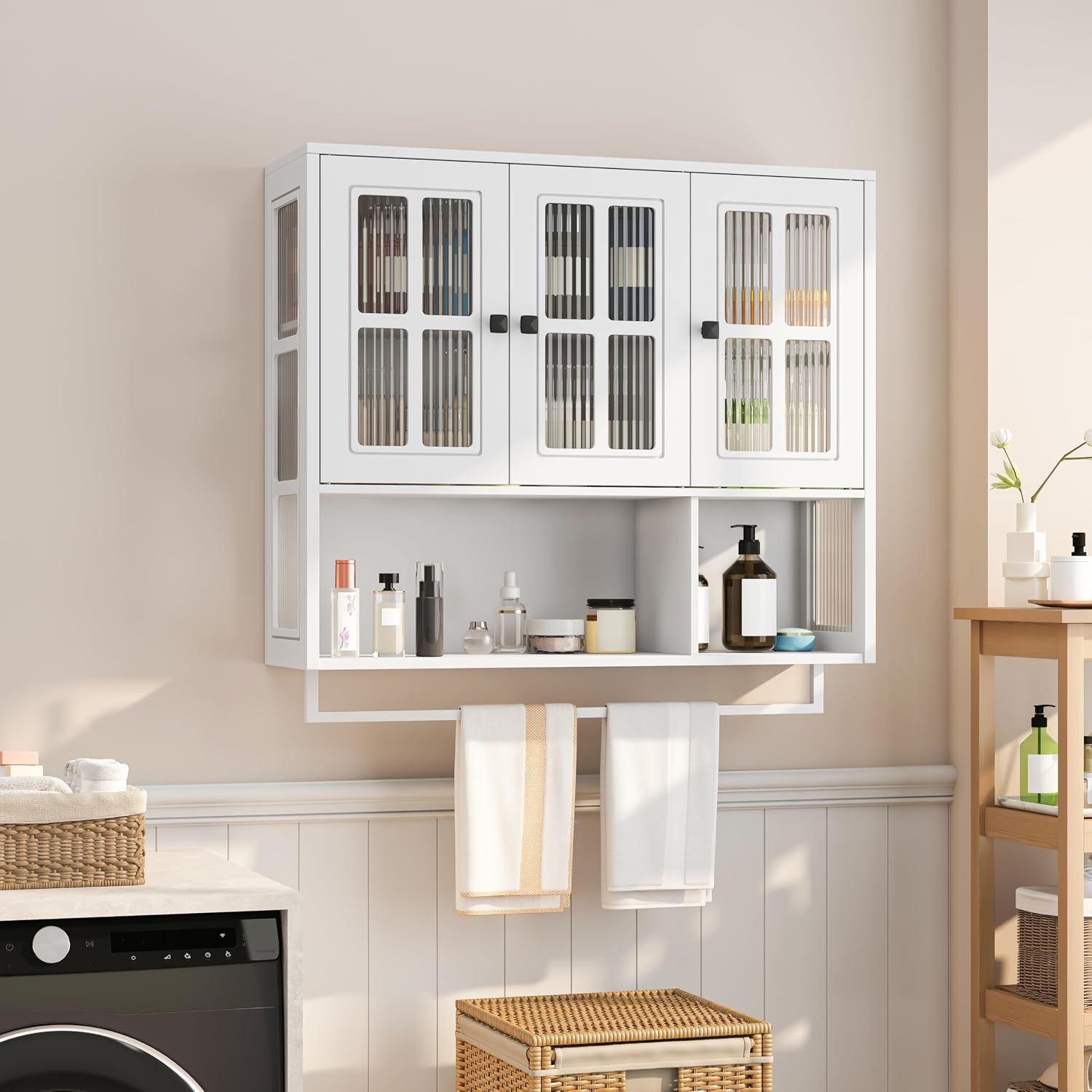 Polibi Wall Cabinet with Fluted Glass, Modern Wall-Mounted Storage with Towel Bar, Removable Shelves, Minimalist Design for Entryway Living Room Bathroom Dining Room, Easy Assembly, White