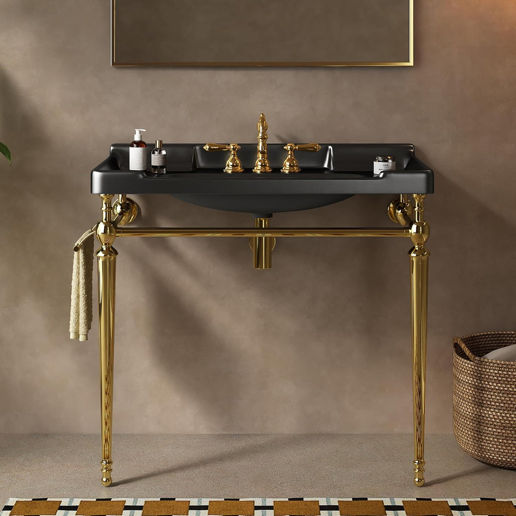 Yayzy 36' Bathroom Vanity with Black Ceramic Sink, Wall-Mounted Console Style, Gold-Finish Stainless Steel Legs & Towel Bar, 3 Faucet Holes, No Faucet
