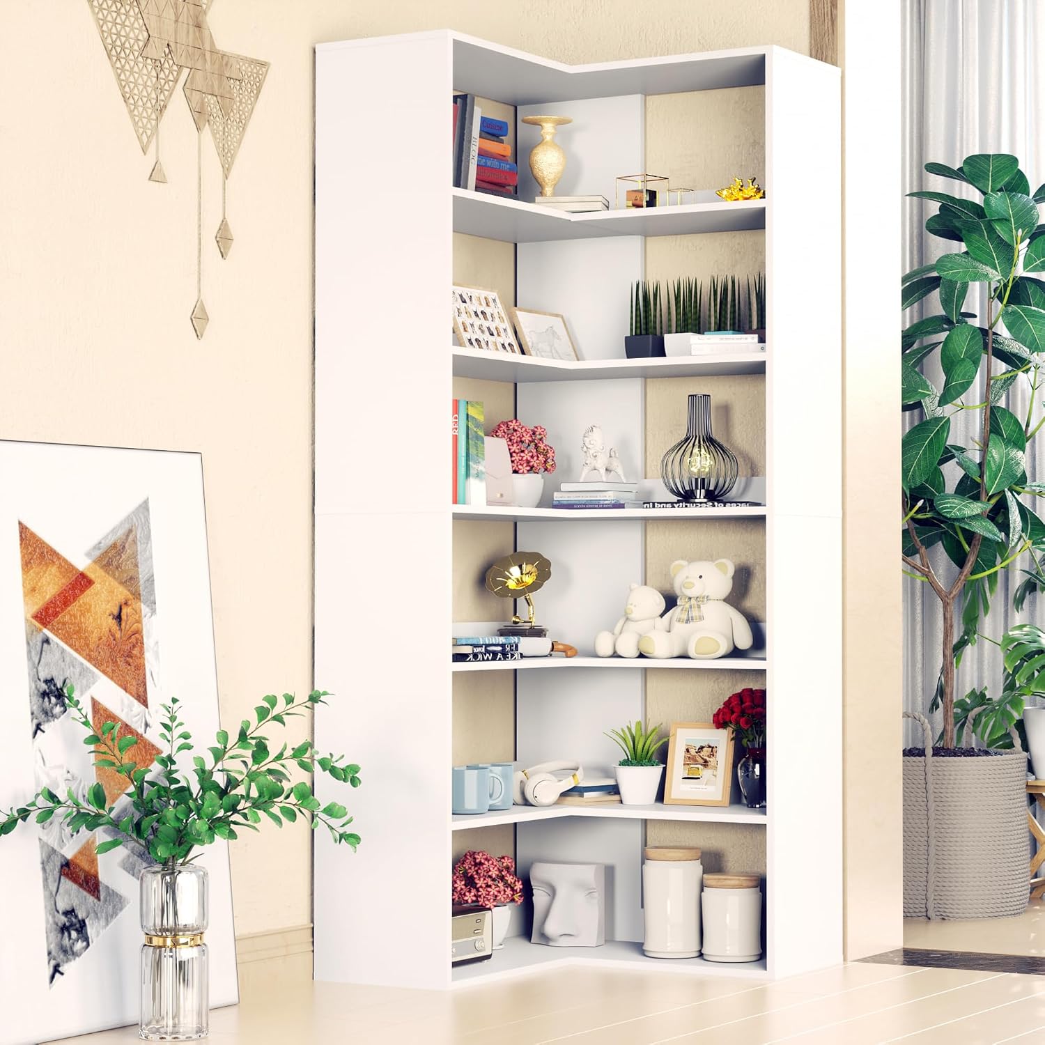 holzart 71' Tall White L-Shaped Corner Bookshelf, 6-Tier Wooden Corner Shelf Stand, Freestanding Display Rack Storage Organizer with Anti-Tip Kit for Living Room, Home Office, 27.6' W x 11' D