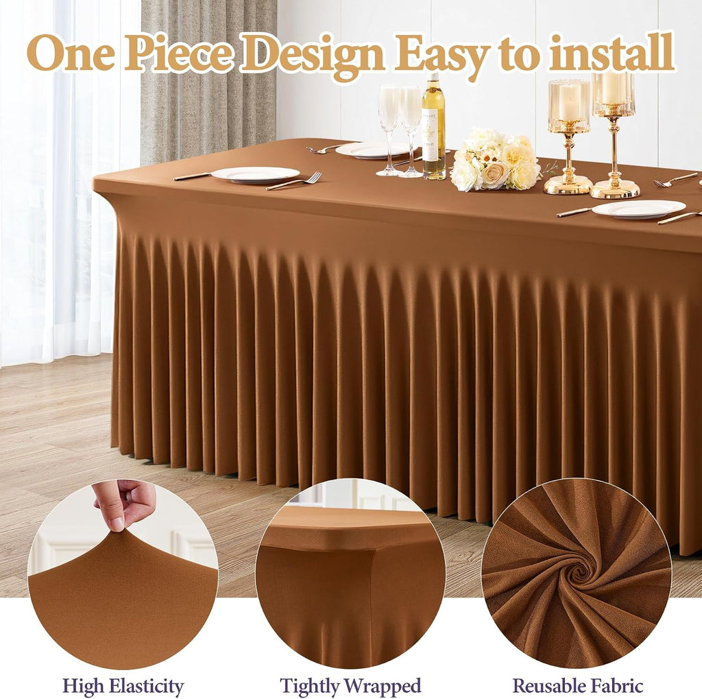 Shillance 6 Packs Brown Spandex Tableclothes for 8 Foot Rectangle Table, Spandex Table Covers 8FT Stretch Table Skirts Wrinkle Free Fitted Table Cloth for Event, Wedding, Banquet & Parties