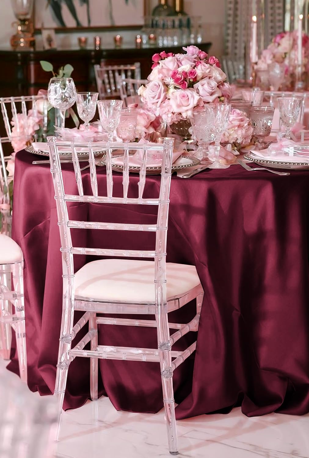 12 Pack 120 Inch Round Tablecloth, Burgundy Satin Fabric Table Cloth for Round Tables, Wrinkle Resistant Washable TableCover Bright Silk Table Clothes for Wedding Party Dining Tables Banquet