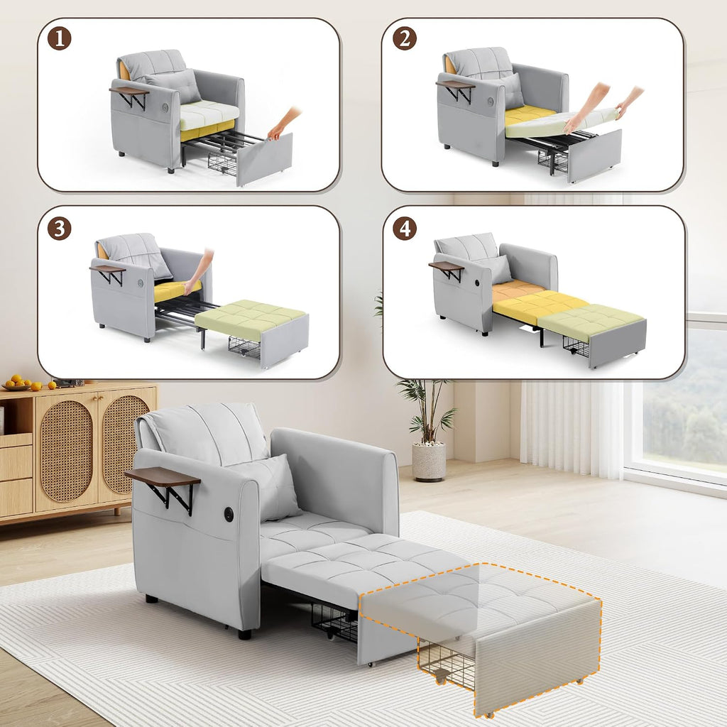 90' Convertible Sofa Chair Bed, 4 in 1 Pull Out Sleeper Chair, Adjustable Backrest Recliner with USB Port, Bottom Storage Basket, Folding Side Table, Lounge Sofa for Living Room Apartment Small Place