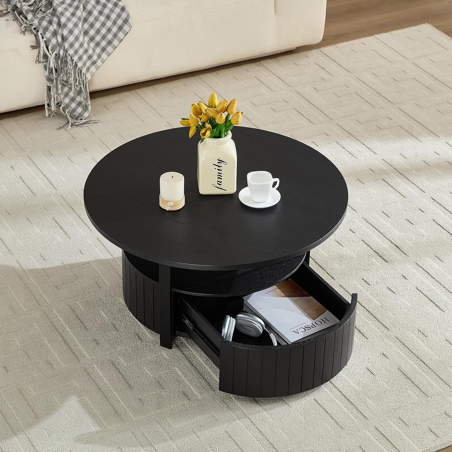 33' Round Coffee Table with Storage, Solid Wood 2 Tier Mid Century Modern Coffee Table with Drawer, Circle Fluted Center Table for Living Room Home Office Small Space, Black