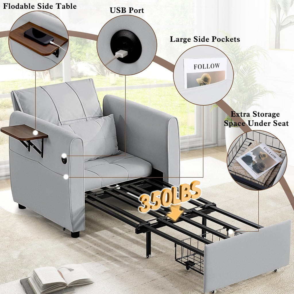 90' Convertible Sofa Chair Bed, 4 in 1 Pull Out Sleeper Chair, Adjustable Backrest Recliner with USB Port, Bottom Storage Basket, Folding Side Table, Lounge Sofa for Living Room Apartment Small Place