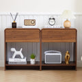 Set of 2 Fluted Side Table with Charging Station, Mid Century Modern End Table Nightstand with Drawer Storage, Large Wood Bedside Tables Night Stands for Small Space Bedroom Living Room Office, Walnut