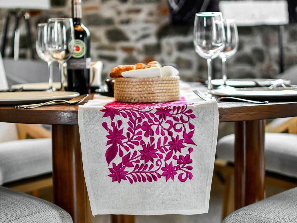 OR1GIN Handmade Table Runner, Premium Quality Silk Thread and Cotton, Mexican Design, Hand Embroidered by Artisans
