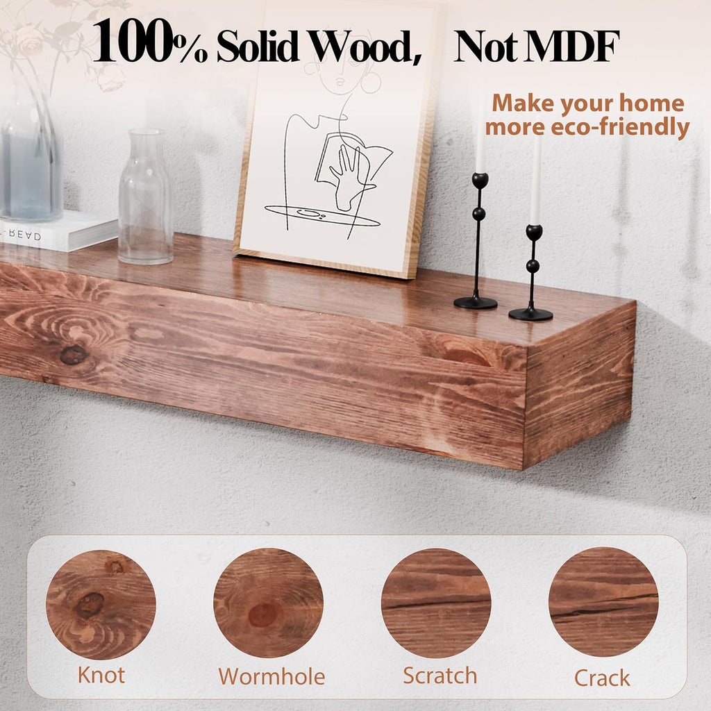 60 Inch Fireplace Mantel Shelf - 8' Deep Solid Wood Floating Mantel for Over Fireplace - 90LBS with Invisible Bracket - Handcrafted TV Decor for Livingroom & Bedroom - Rustic Walnut