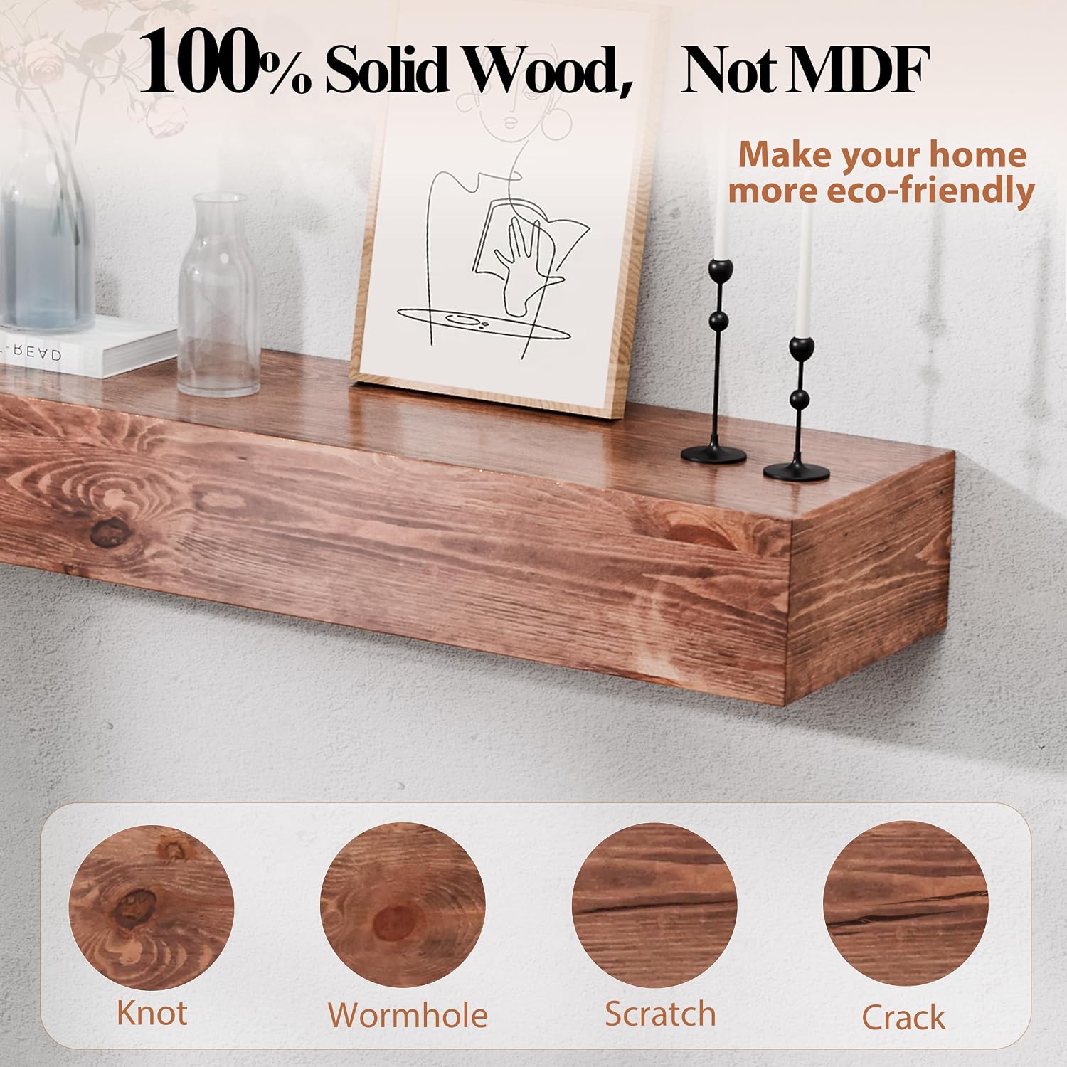 60 Inch Fireplace Mantel Shelf - 8' Deep Solid Wood Floating Mantel for Over Fireplace - 90LBS with Invisible Bracket - Handcrafted TV Decor for Livingroom & Bedroom - Rustic Walnut
