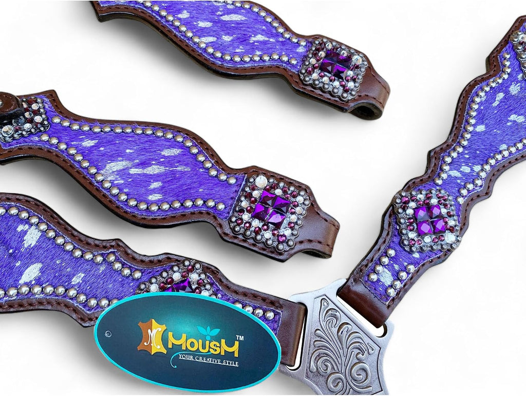 Western Leather Headstall & Breast Collar Set for Horses - Valentine's Day Silver Metallic Cowhide with Rhinestones