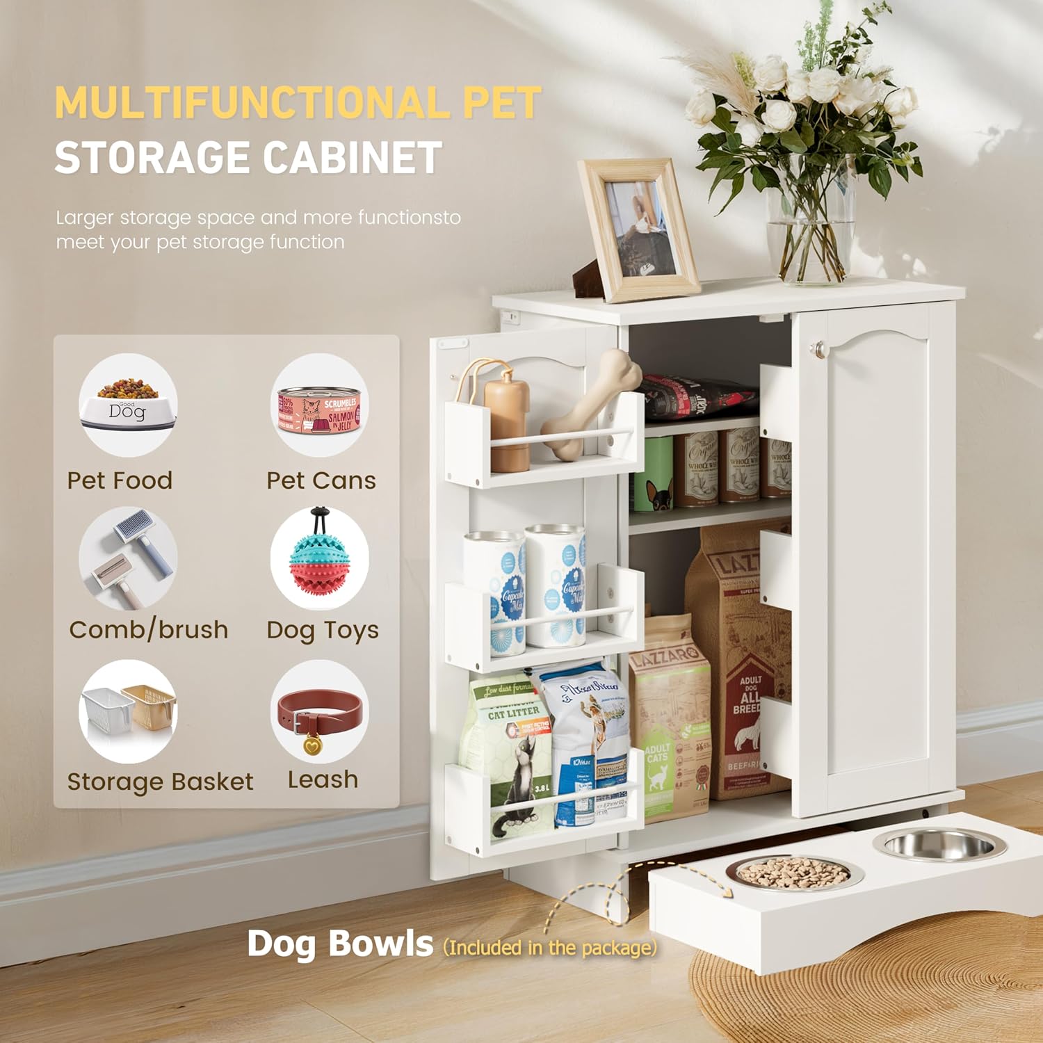 FIMELLO 31.7' High Dog Feeding Station with Feeding Bowls, Pet Organizers and Storage Adjustable Shelf, Dog Feeder Station, Pet Storage Cabinet for Cats and Dogs, White