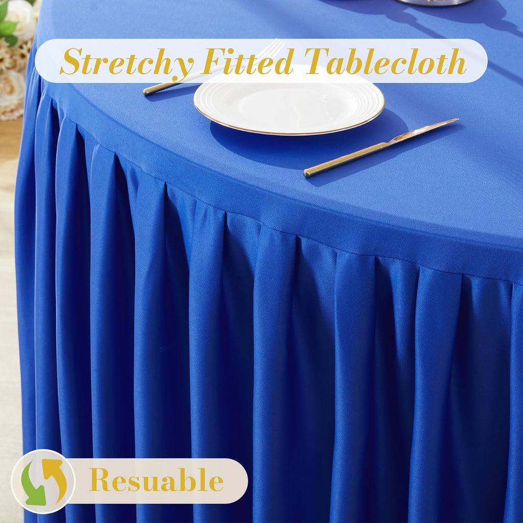 8 Pack Royal Blue Round Tablecloth 60 inch Stretch Spandex Fitted Table Cloth 5FT Round Banquet Tablecloths Wrinkle Free Table Cover Stitch Circle Tablecloth with Ruffle Skirt for Party Wedding
