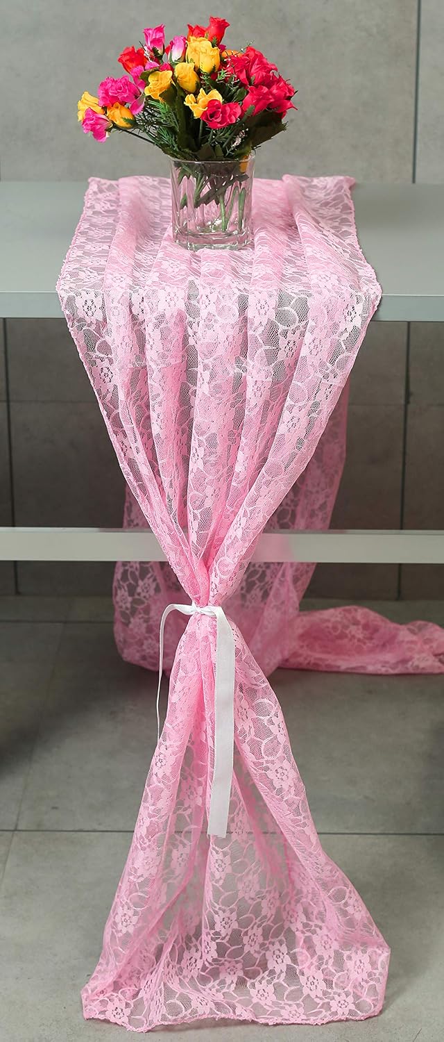 MDS Pack of 12 Wedding 27 x 170 inches Long Sheer lace Table Runner for Wedding Banquets Decorations Birthday Parties, Engagements, Rustic Boho for 14Feet Table Runners - Pink