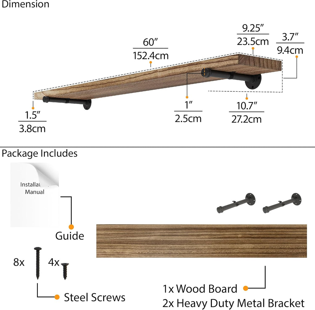 Wallniture Burnt Finish Pipe Wall Shelf - 9.25'' Deep, 1.5'' Thick Solid Wood, Lengths: 48', 60', 72', 84' - Includes Pipe Brackets (60'')