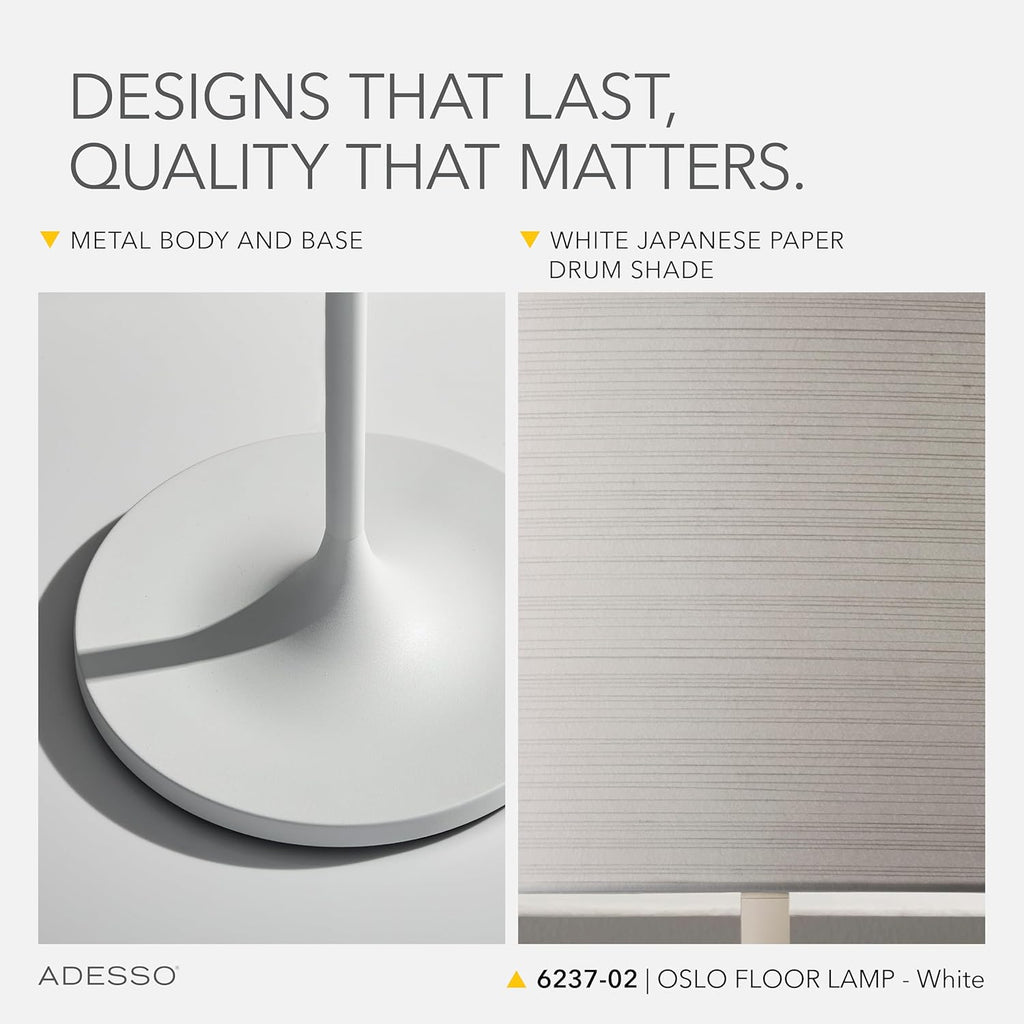 Adesso Floor Lamp with Scratch Proof and Corrosion Resistant Body - Perfect Lighting for Bedroom, Living Room and Corner Decor, Matte White