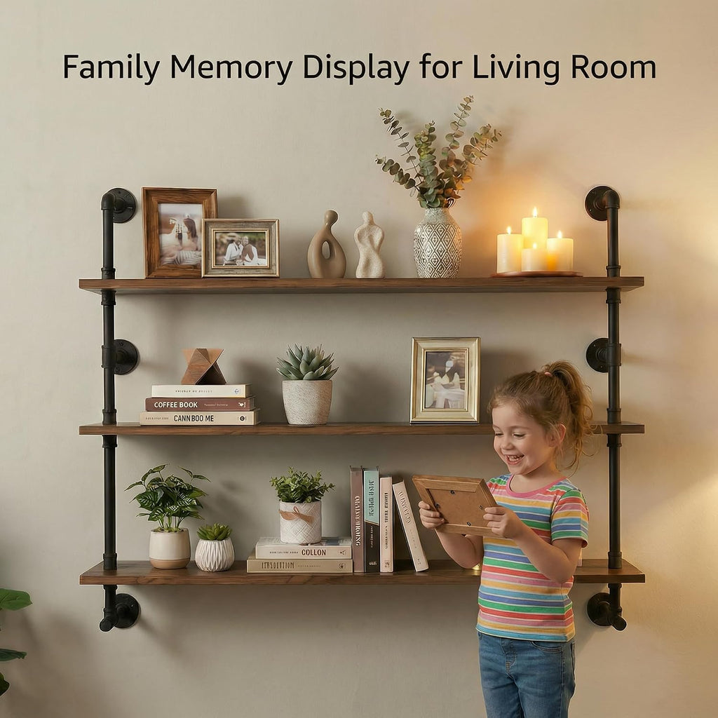 Industrial Pipe Wall Shelves Pipe Shelving with Real Wood Plank ,48 Inches Floating Shelves for Wall Farmhouse Pipe Book Shelves for Kitchen,Living Room Decor and Bar Shelving Dark Brown 3 Tier