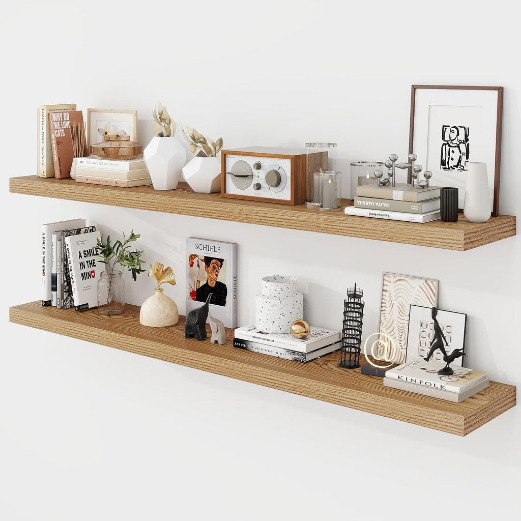Acovy 55 Inch Floating Shelves, 9.3' Deep Floating Shelf Wall Mounted, 56' Wall Shelves, Rustic Deep Bookshelf, Large Display Shelves & Storage Shelves for Bedroom, Living Room, Light Brown, Set of 2