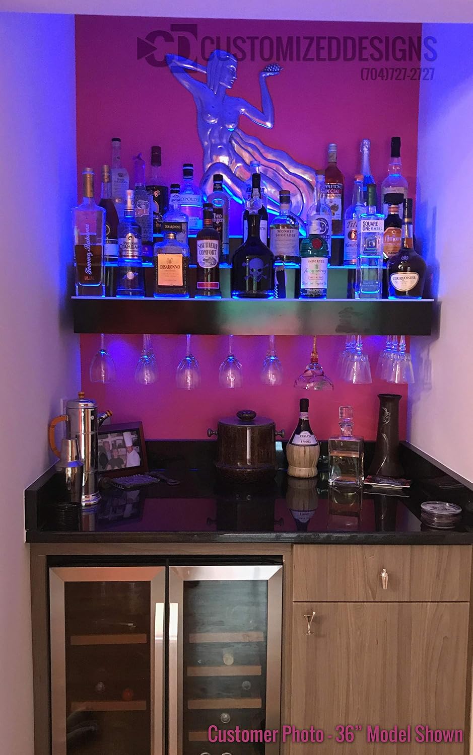 3 Tier Wall Mounted Liquor Bottle Shelving w/Wine Glass Slots & LED Lighting (48)