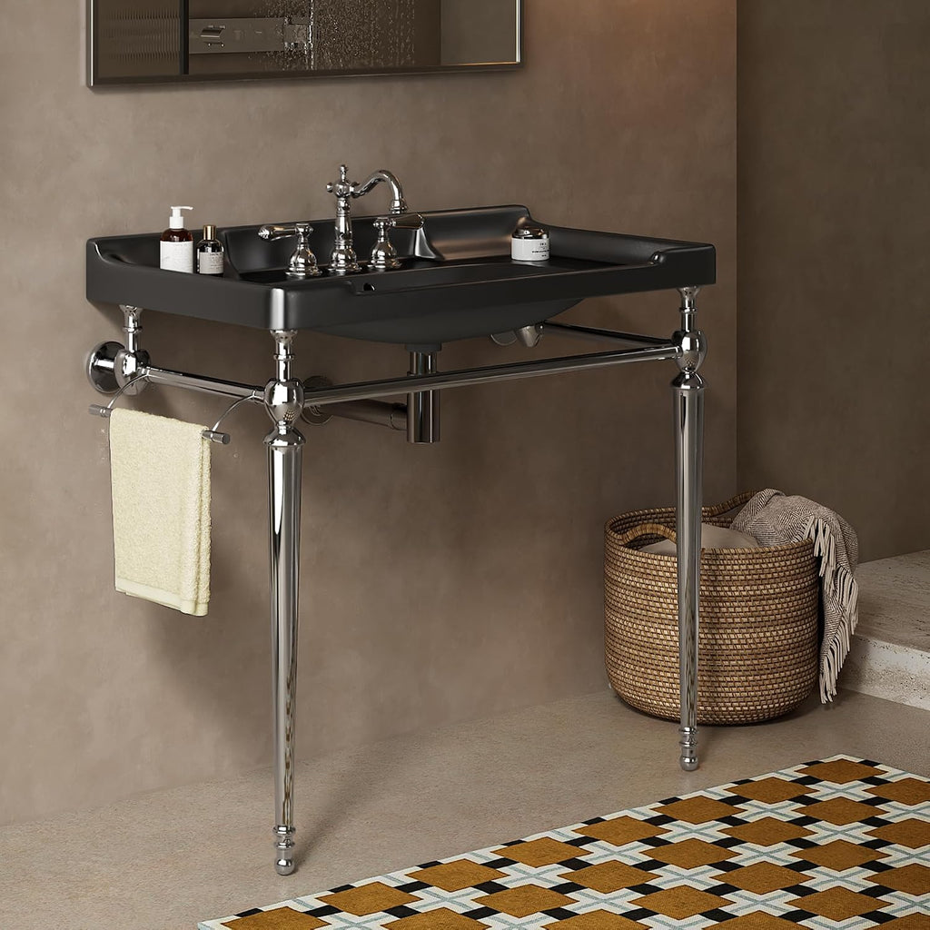 Yayzy 36' Bathroom Vanity with Black Ceramic Sink, Wall-Mounted Console Style, Silver-Finish Stainless Steel Legs & Towel Bar, 3 Faucet Holes, No Faucet