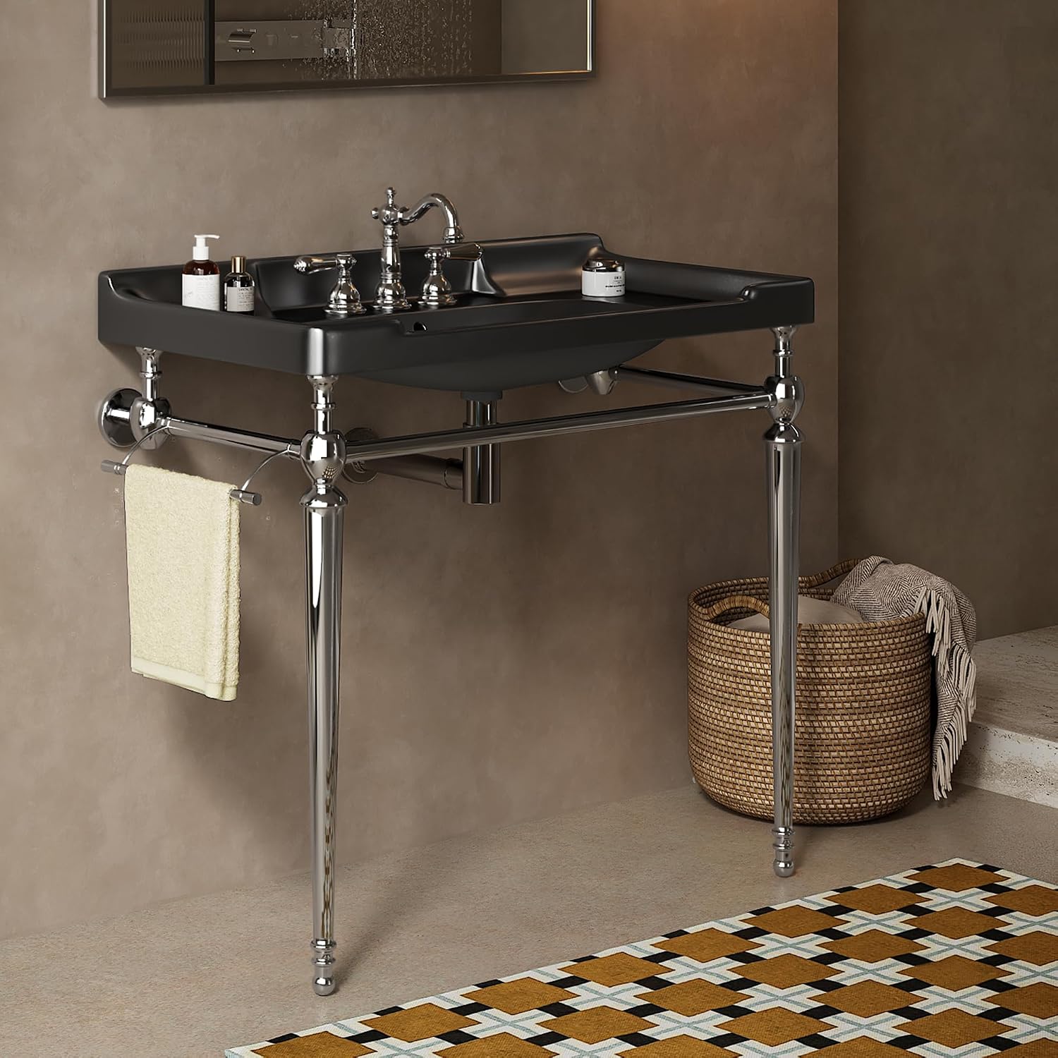 Yayzy 36' Bathroom Vanity with Black Ceramic Sink, Wall-Mounted Console Style, Silver-Finish Stainless Steel Legs & Towel Bar, 3 Faucet Holes, No Faucet