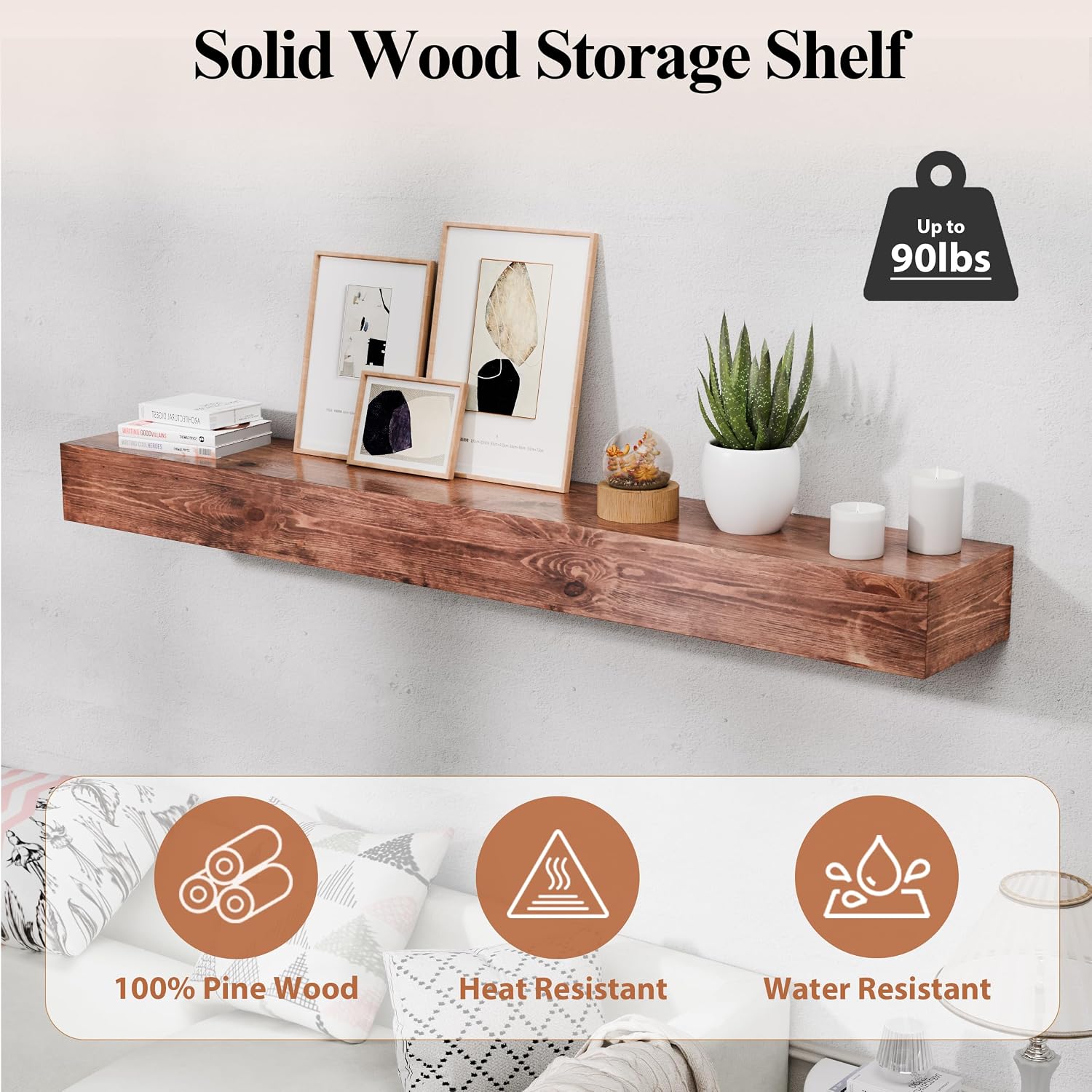 60 Inch Fireplace Mantel Shelf - 8' Deep Solid Wood Floating Mantel for Over Fireplace - 90LBS with Invisible Bracket - Handcrafted TV Decor for Livingroom & Bedroom - Rustic Walnut