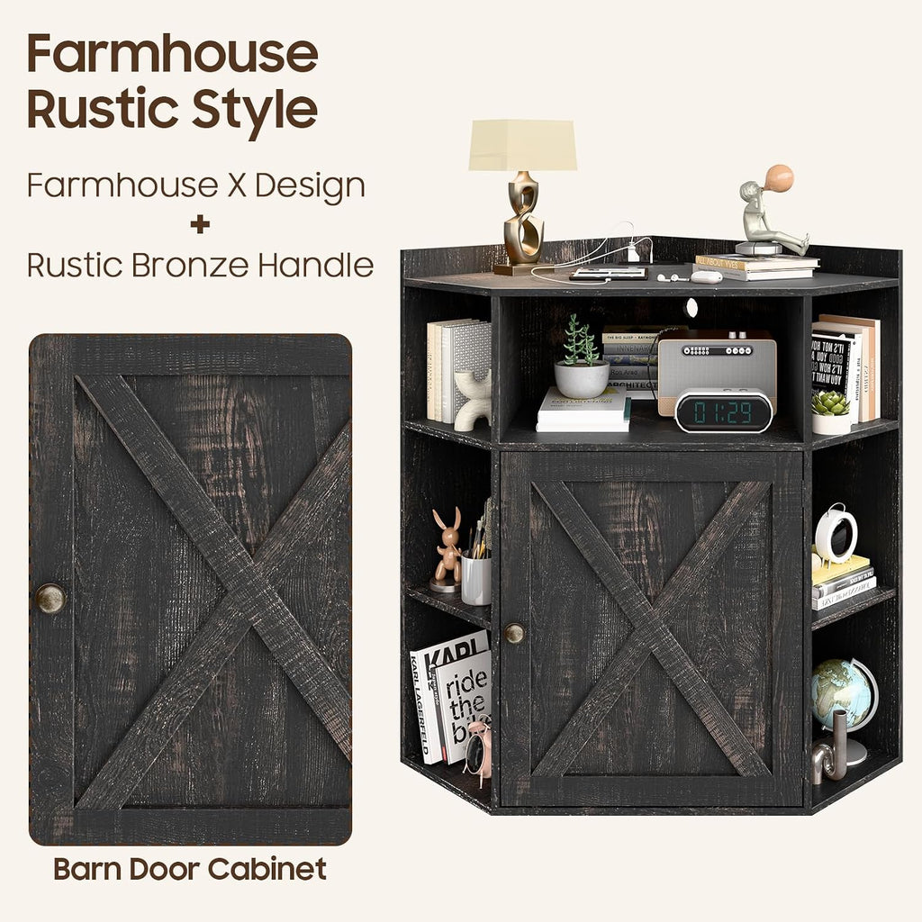 Halitaa Corner Storage Cabinet, Farmhouse Corner Bookshelf with Storage 6-Cubby Wooden Cabinet with USB Ports and Outlets Industrial Organizer for Small Space, Study, Playroom, Living Room