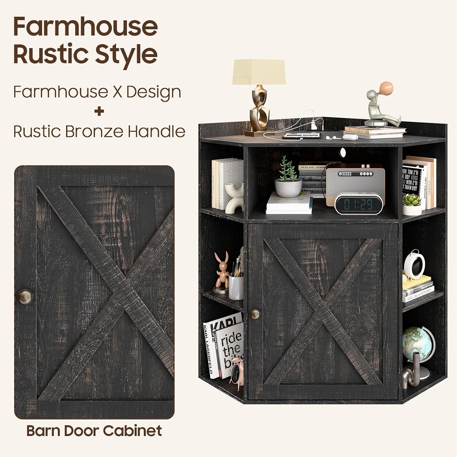Halitaa Corner Storage Cabinet, Farmhouse Corner Bookshelf with Storage 6-Cubby Wooden Cabinet with USB Ports and Outlets Industrial Organizer for Small Space, Study, Playroom, Living Room