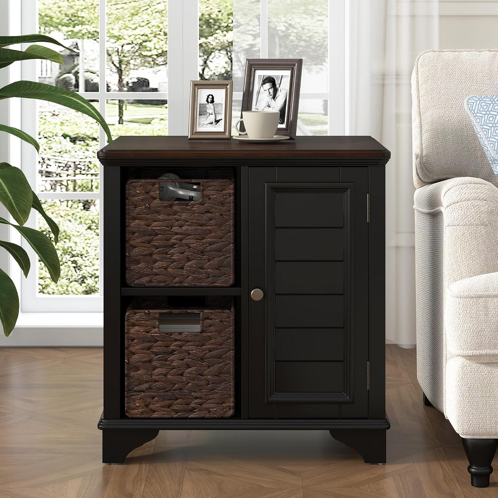Multifunctional End Table Side Table with a Shutter Style Door and 2 Woven Grass Baskets, Sofa Side Narrow Table, Wood Bedside Nightstand for Living Room Bedroom (Black-4.7)